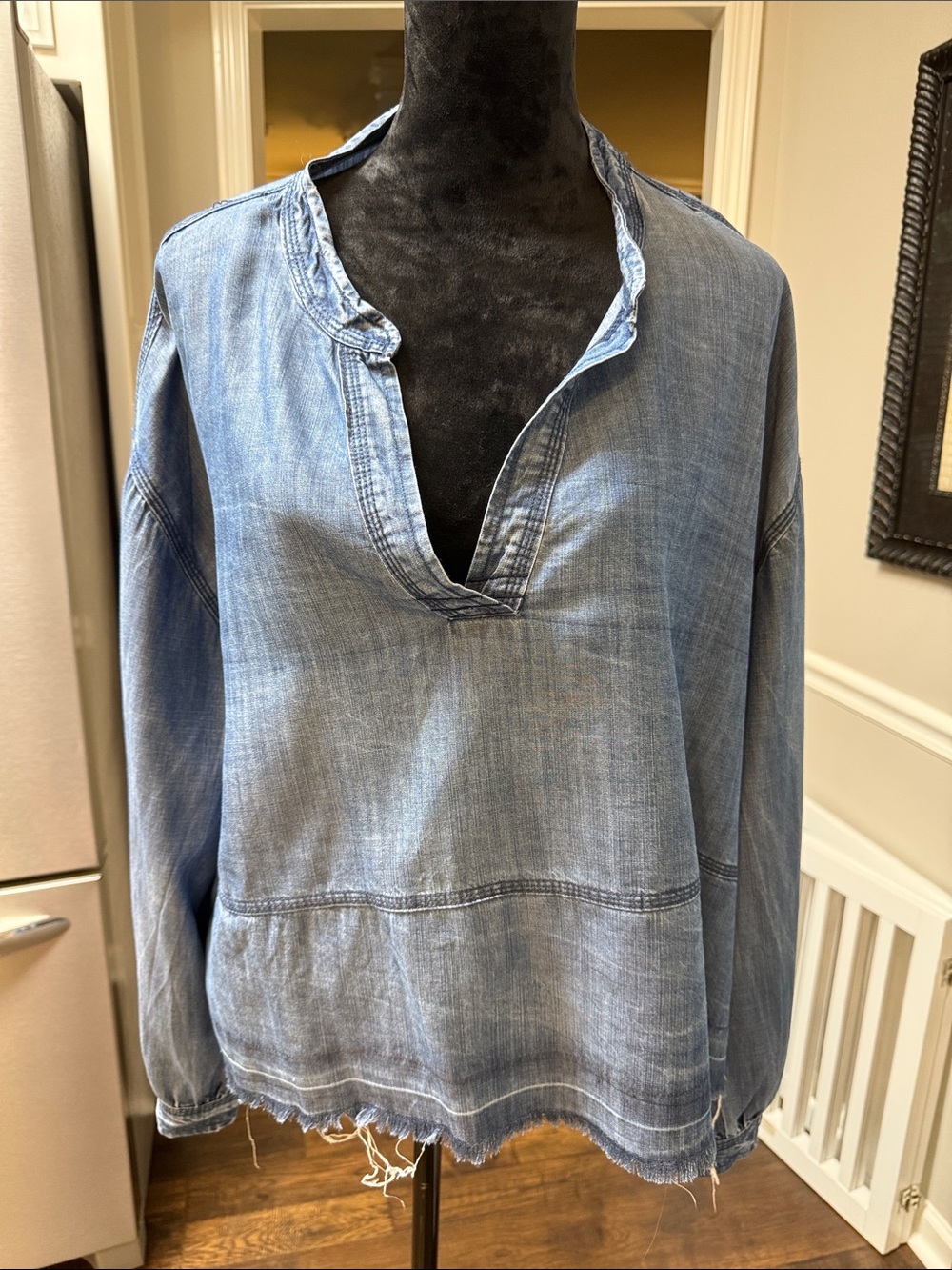 Elan Washed Denim V-Neck Pullover Top - Light Blue large